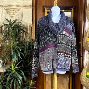 Free People Patchwork Cowl Neck Sweater M | Oversized Fair Isle Boho Knit Grunge